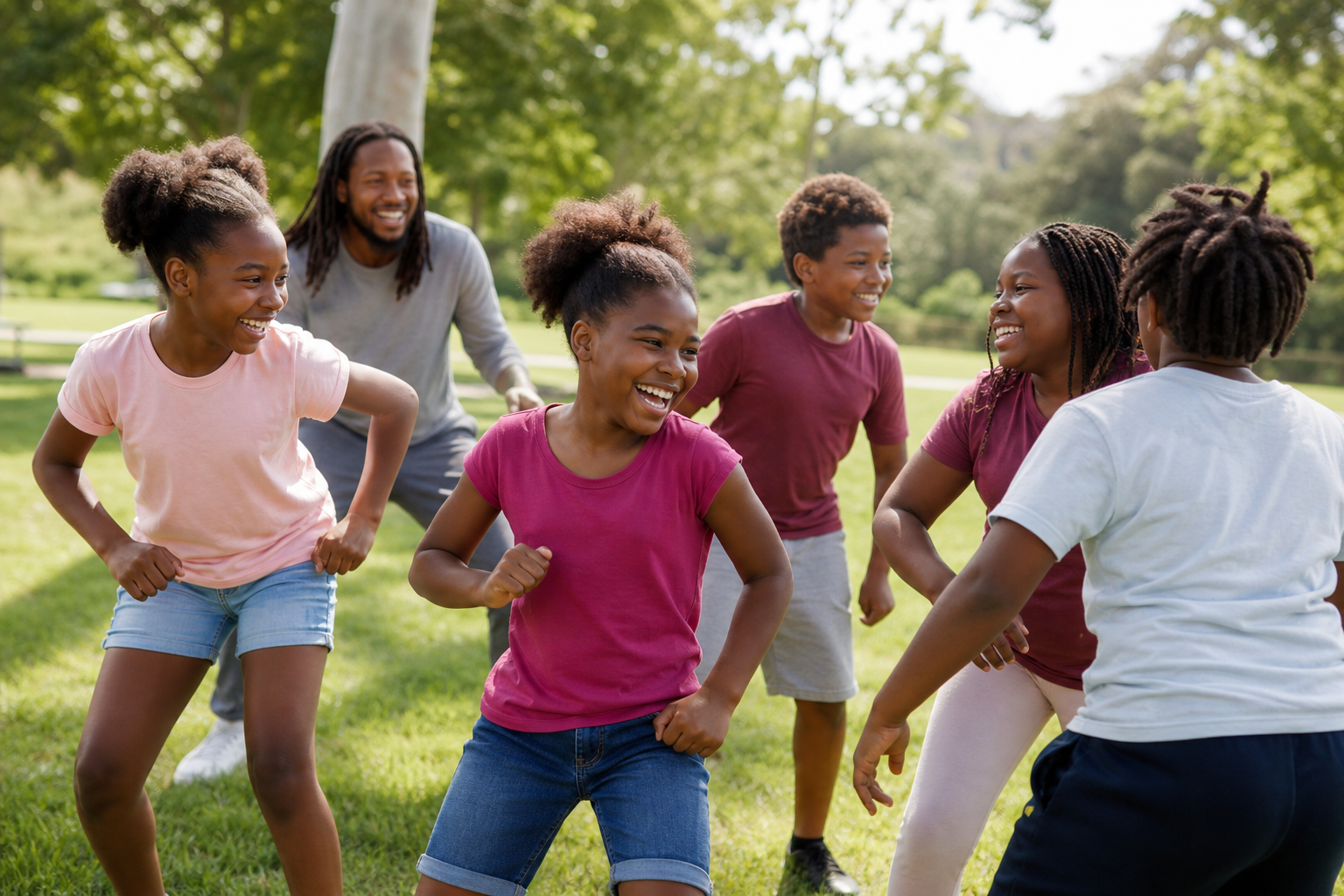 Black children enjoying a group movement activity in a park